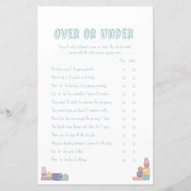 Over Under Adventure Baby shower Game (Devant)