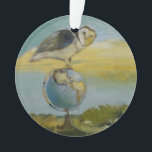 Owl Beach Earth Globe Peinture d'oiseaux sauvages<br><div class="desc">Owl and the Globe - Une chouette douce et belle assise sur un globe terrestre,  avec un arrière - plan de plage de vacances,  par l'artiste Mary Hubley. Illustration d'art ornithologique.</div>
