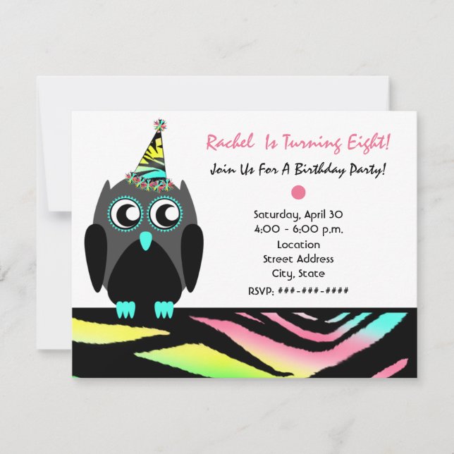 Owl Birthday Party Invitation Neon Zebra Imprimer (Devant)