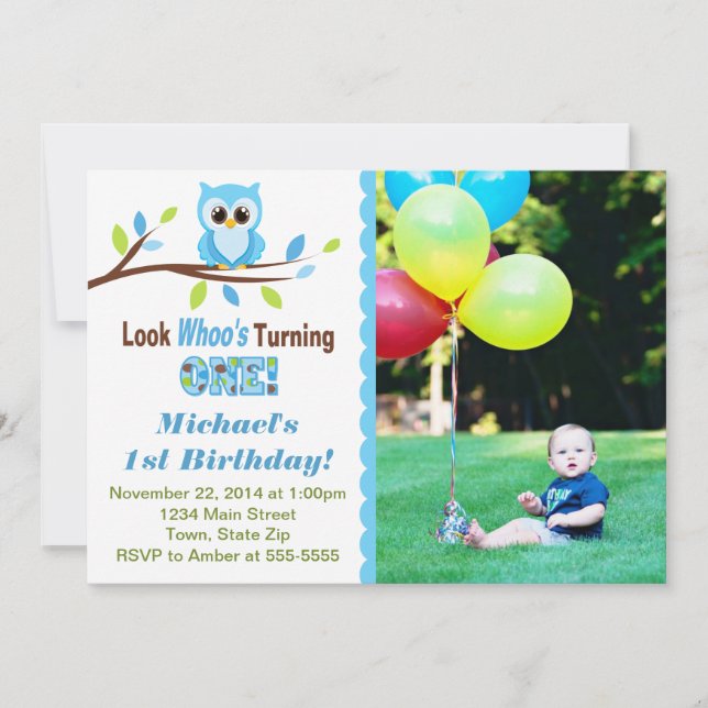 Owl Boy 1er Anniversaire Invitation 5x7 Carte phot (Devant)
