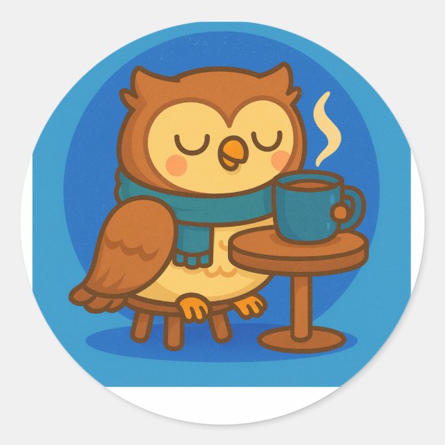 Owl Coffee Break (Blue Background) Sticker (Devant)