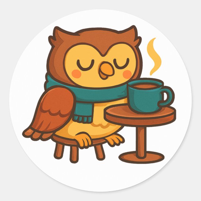 Owl Coffee Break (White Background Glossy) Sticker (Devant)