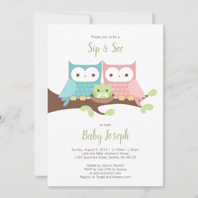 Owl Family Sip and See Invitation (Devant)