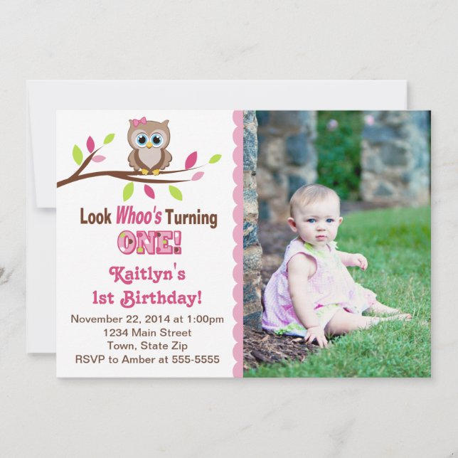 Owl Girl 1er anniversaire Invitation 5x7 Carte pho (Devant)