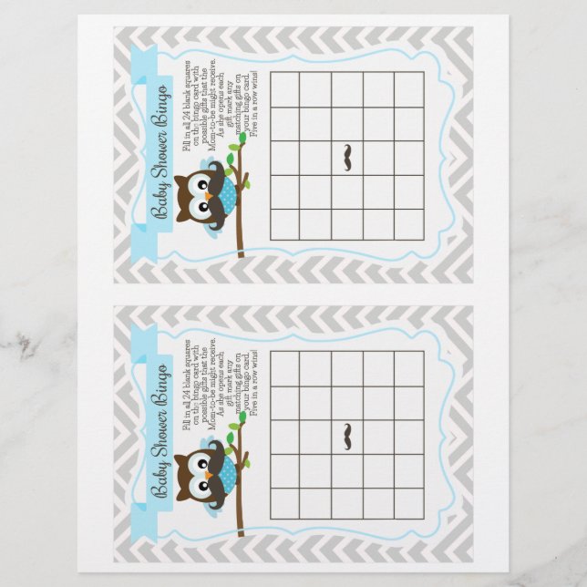 Owl Mustache Baby shower Bingo Game, 2 une page (Devant)