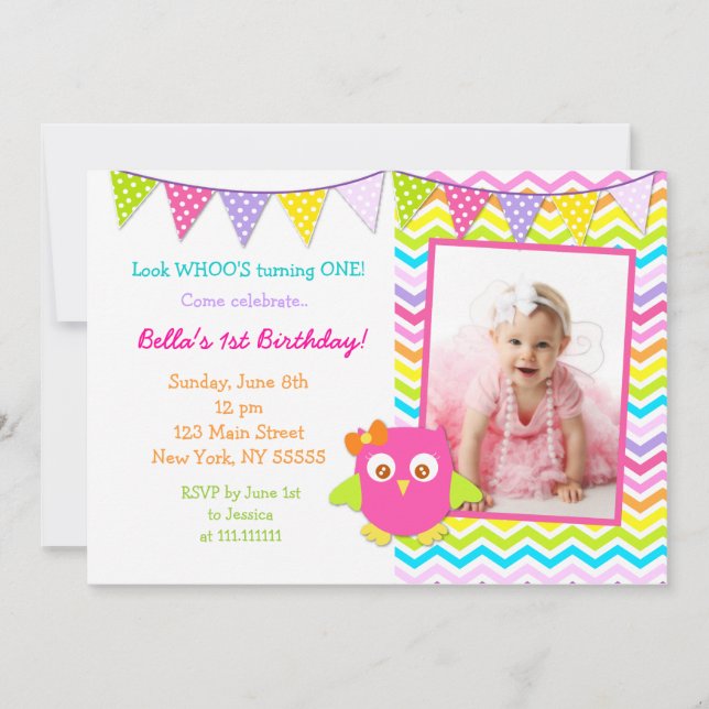 Owl Photo Anniversaire Fête Invitation (Devant)