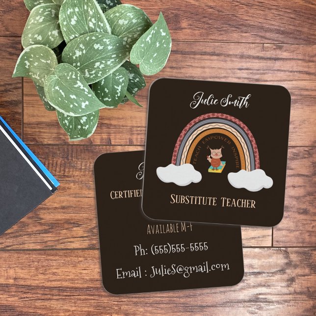 Owl Under Rainbow Substitut Enseignant Cartes de c (Owl under a rainbow faux chalkboard substitute teacher business cards)