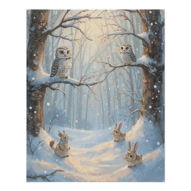 Owls, Rabbits, and Woodland in the Snow Poster (Devant)