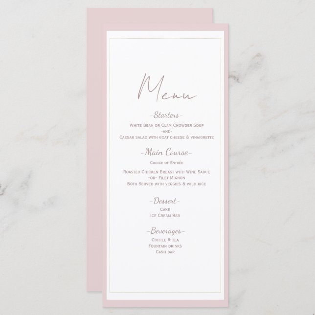 Oyster Pink & Gold Modern Minimal Mariage Menu (Devant / Derrière)