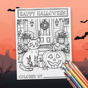 Page Chat d'Halloween et coloration Citrouille