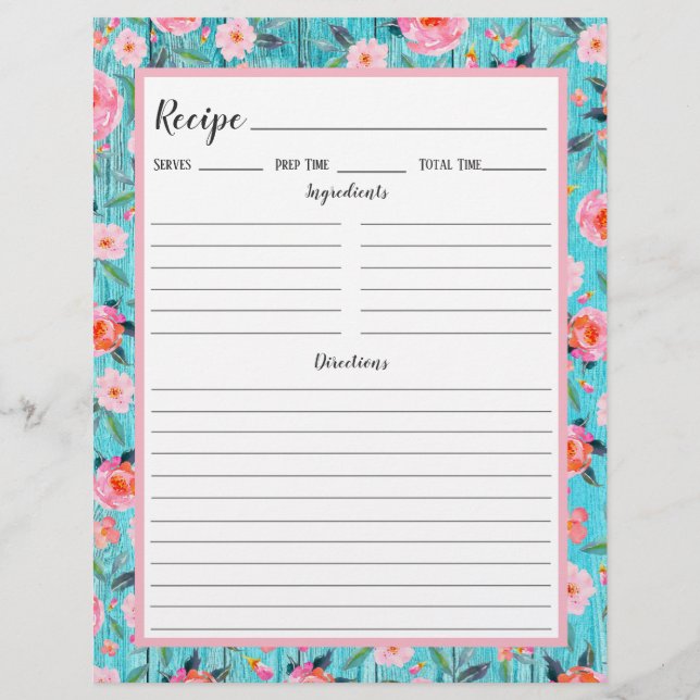 Page Classeur Rustique Rose Floral Aqua Wood Recet (Devant)