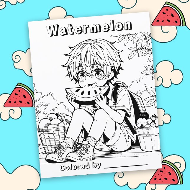 Page Color Me | Anime Boy mangeant Watermelon (Créateur téléchargé)