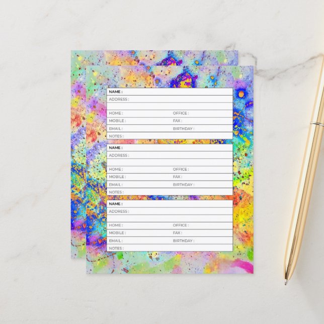 Page de carnet d'adresses aux éclaboussures coloré (Devant/Arrière en situation)