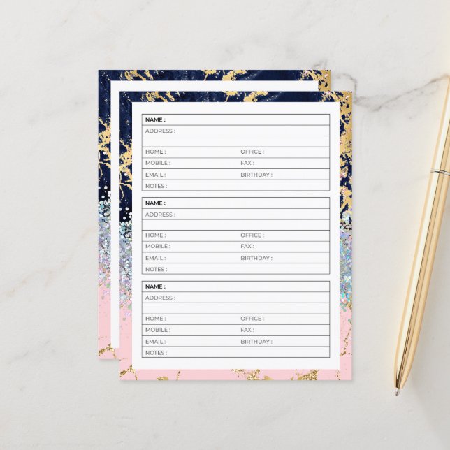 Page de carnet d'adresses en marbre et paillettes (Devant/Arrière en situation)