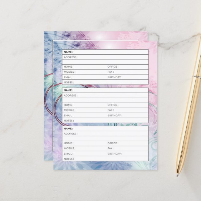 Page de carnet d'adresses floral rose et bleu (Devant/Arrière en situation)