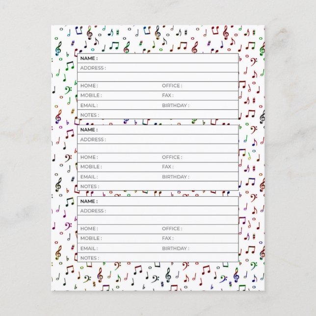 Page de carnet d'adresses musicales colorées (Devant)