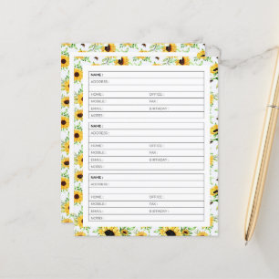 Page de carnet d'adresses tournesols et abeilles