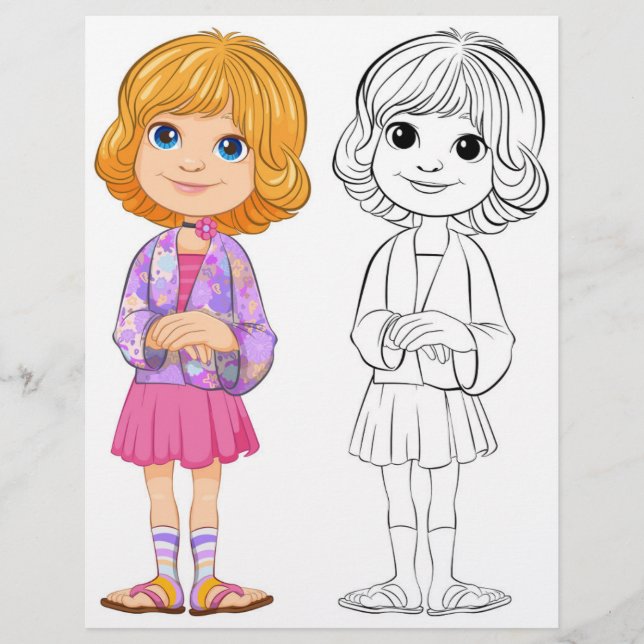 Page de coloriage de fille de dessin animé mignonn (Devant)