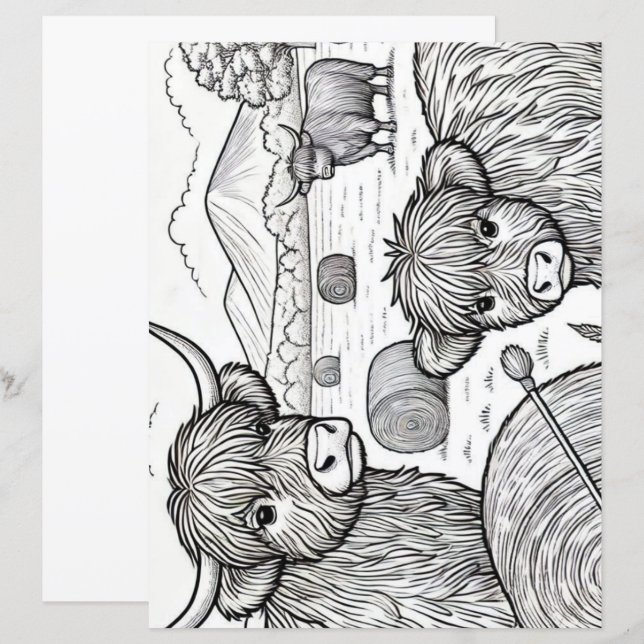 Page de coloriage de vaches des Highlands mignonne (Devant / Derrière)