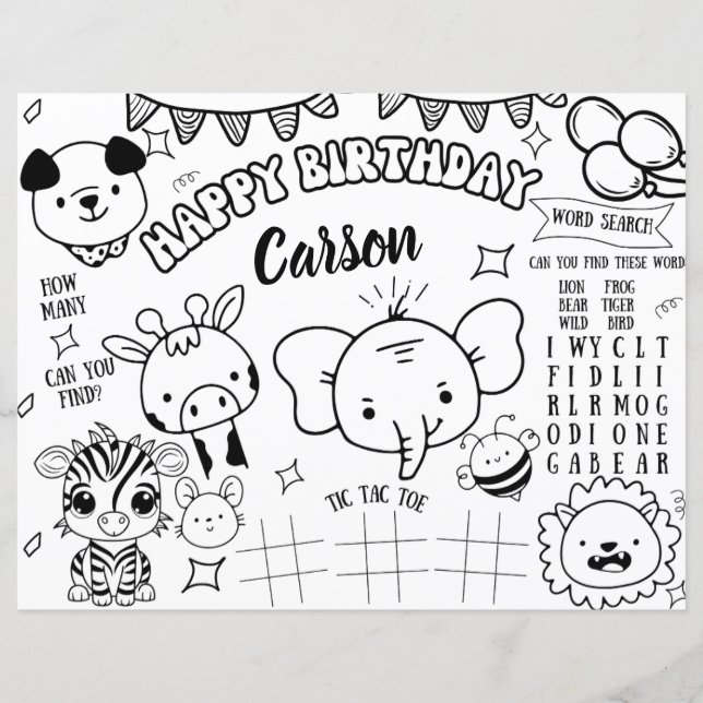 Page de coloriage pour anniversaire Jungle Safari  (Devant)