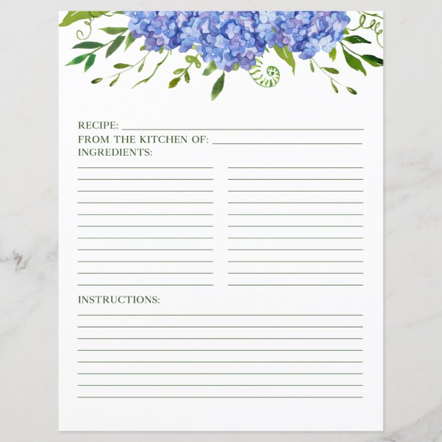 Page de recette Hydrangée bleue Florale Aquarelle (Devant)