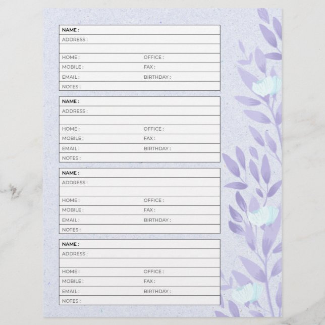 page du carnet d'adresses de lavande vintage (Dos)