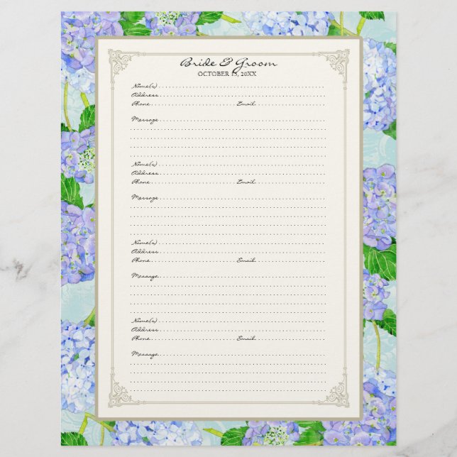 Page du livre d'invité mariage Blue Hydrangea Lace (Devant)