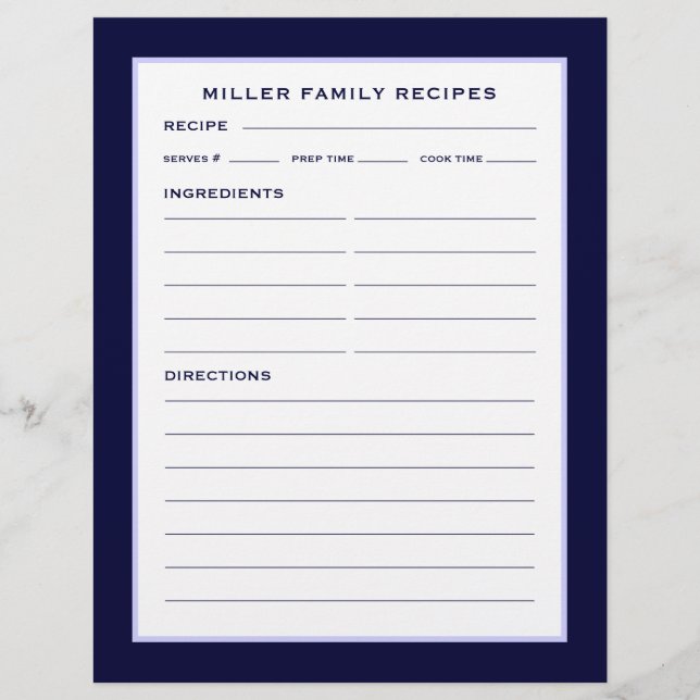 Page Recette Nom de famille | Simple Navy bleu & b (Devant)