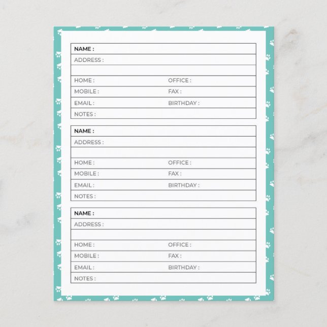 pages de carnet d'adresses aux empreintes de patte (Devant)