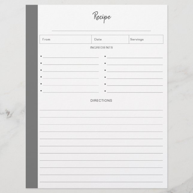 Pages de recette en gris au format lettre (Devant)