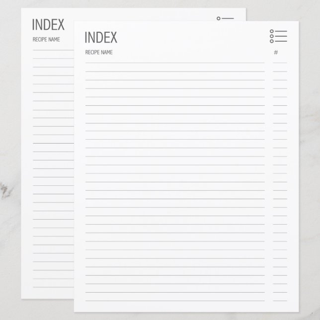 Pages d'index de recette de base (Devant / Derrière)