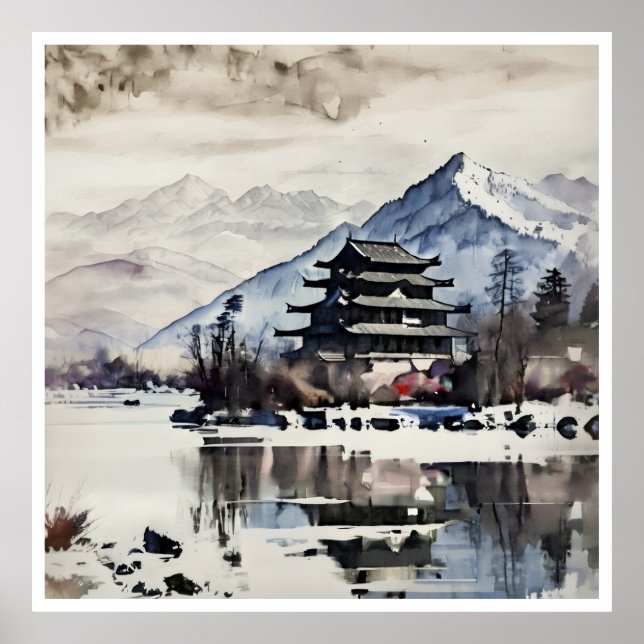 Pagode de montagne sereine, affiche d'hiver (Devant)