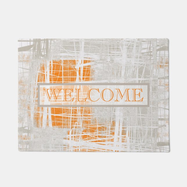 Paillasson Abstrait blanc gris orange Bienvenue (Devant)