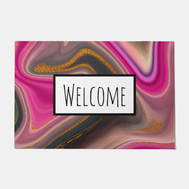 Paillasson Abstrait rose et noir avec perruques d'or Bienvenu (Devant)