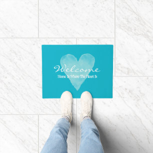 Paillasson Accueil est où le coeur est bleu turquoise porte m