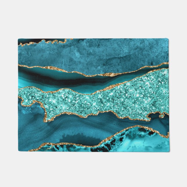 Paillasson Agate Turquoise Blue Gold Parties scintillant Marb (Devant)