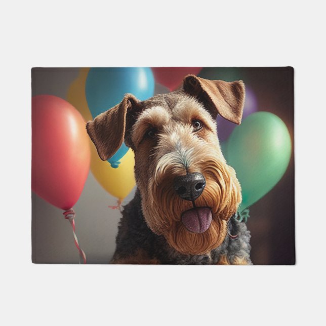 Paillasson Airedale chien avec gâteau et ballons (Devant)