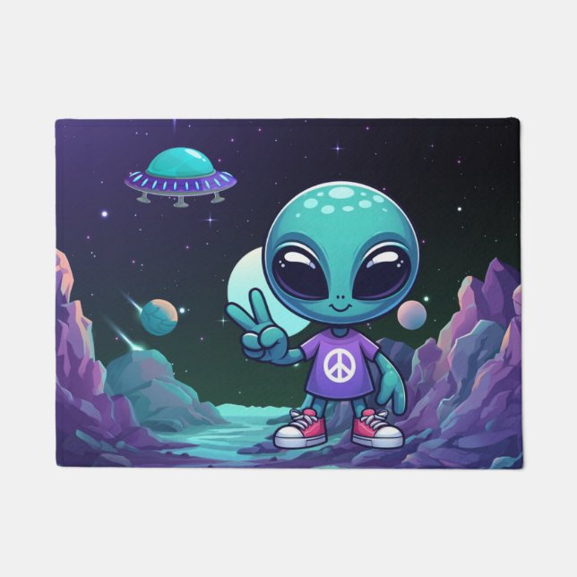 Paillasson Alien de la paix mignon et vaisseau spatial (Devant)