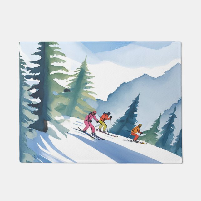 Paillasson Allons Ski | Peinture Aquarelle d'Hiver (Devant)