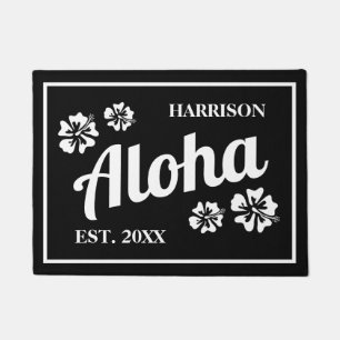 Paillasson Aloha noir et blanc Hawaii porte de fleur mat