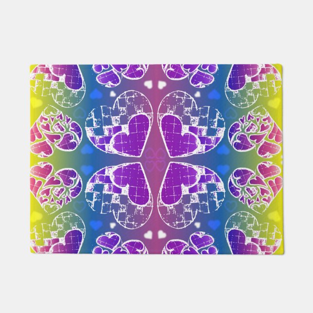 Paillasson Amusant Violet, bleu, jaune motif de Coeurs Whimsi (Devant)