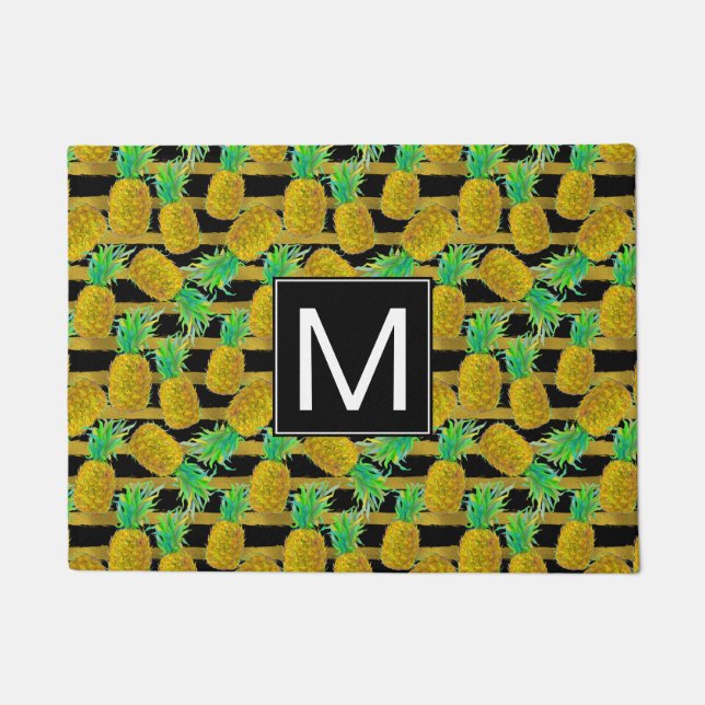 Paillasson Ananas d'or sur le monogramme des rayures | (Devant)