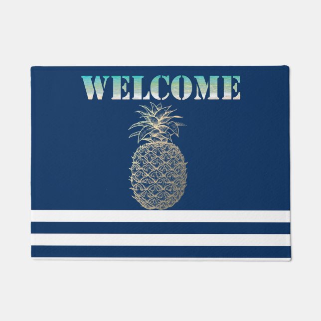 Paillasson Ananas doré Marin Bleu rayé   (Devant)