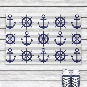 Paillasson Ancre bleu marine roue de bateau rayé gris Nautica