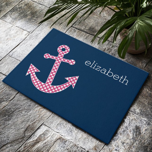 Paillasson Ancre de point rose Polka avec nom personnalisé Na (Custom Welcome Doormat)