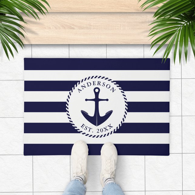 Paillasson Ancre Marine Bleu Blanc Personnalisé Nautique (Navy Blue and White Personalized Nautical Doormat with Anchor and Stripes)