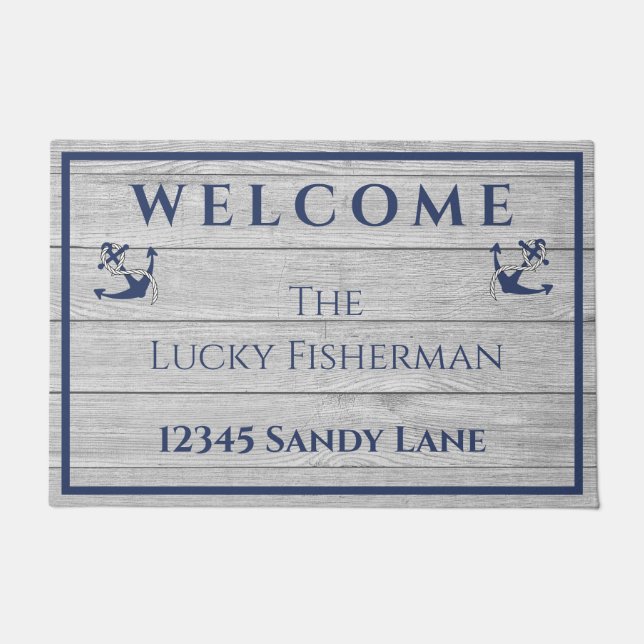 Paillasson Ancre nautique Bateau en bois gris bleu marine | A (Devant)