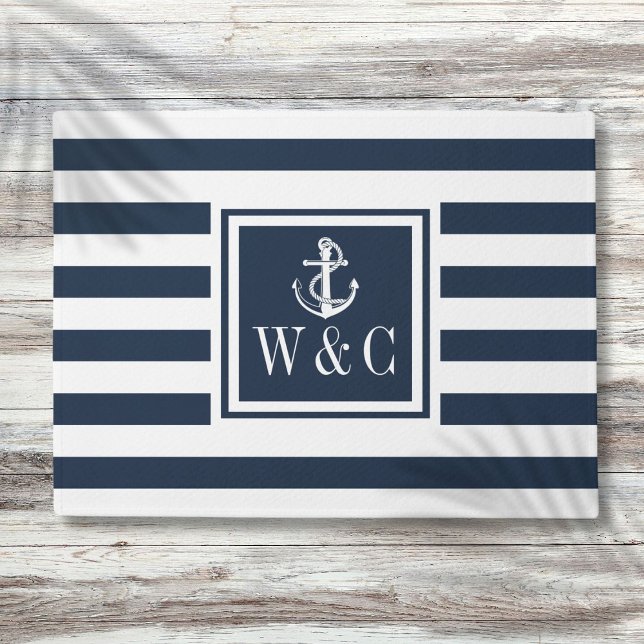 Paillasson Ancre nautique Monogramme Marine Bleu Stripe (Nautical Anchor Monogram Navy Blue Stripe Doormat)