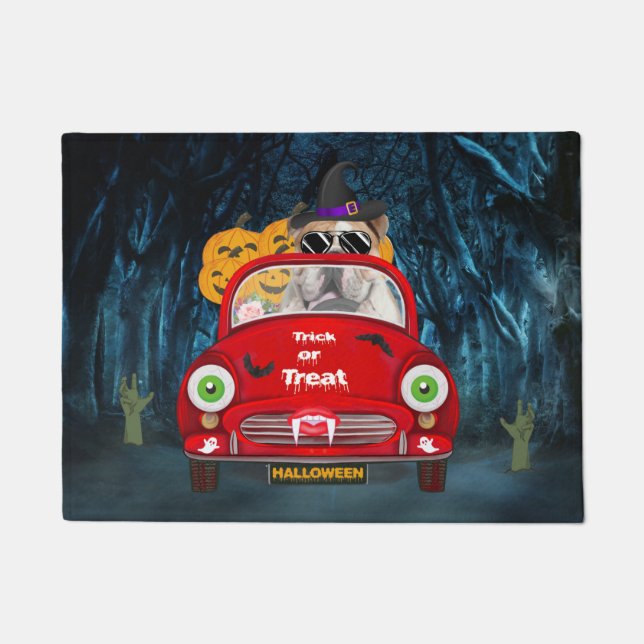 Paillasson Anglais Bulldog Driving Car Effrayant Halloween (Devant)