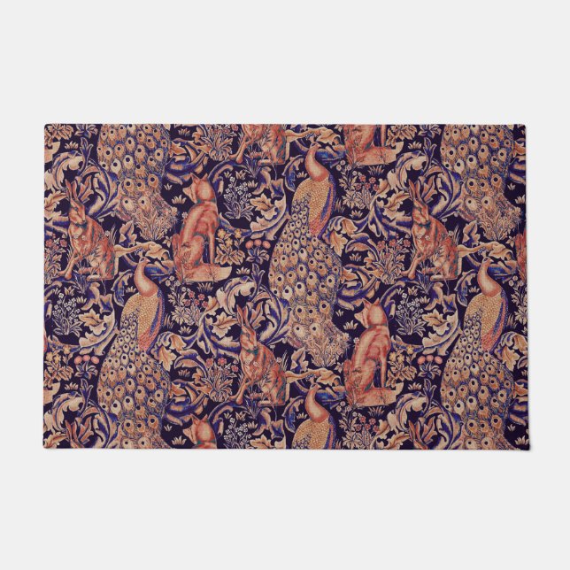 PAILLASSON ANIMAUX FORESTIERS, FOX, PEACOCK, HARE ROSE BLEU F (Devant)